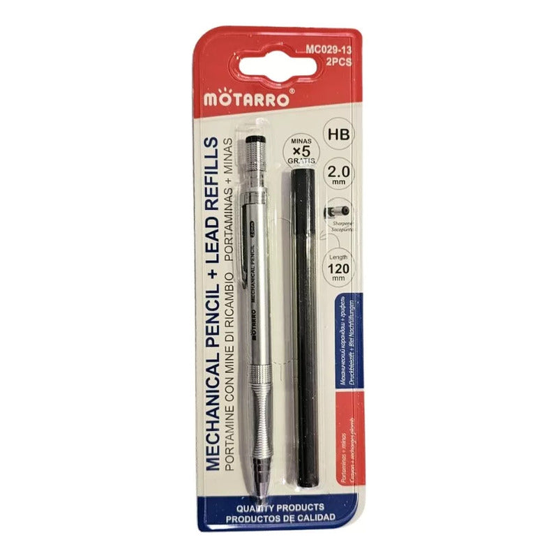 Set Lápiz Portaminas 2mm Con Minas De Repuesto Negro Hb