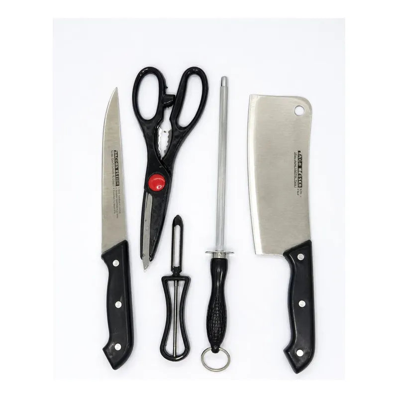 Set De 2 Cuchillos De Cocina + Tijeras + Afilador Y Pelador Negro
