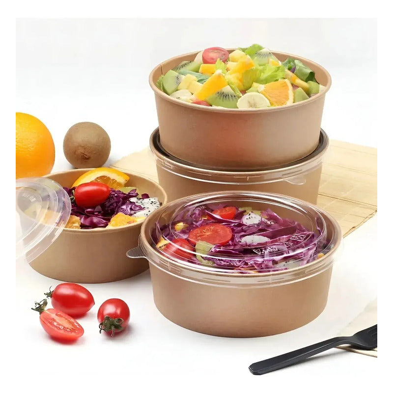 25 Bowls Kraft Con Tapa Plástica Envases 500cc Color Beige Beige