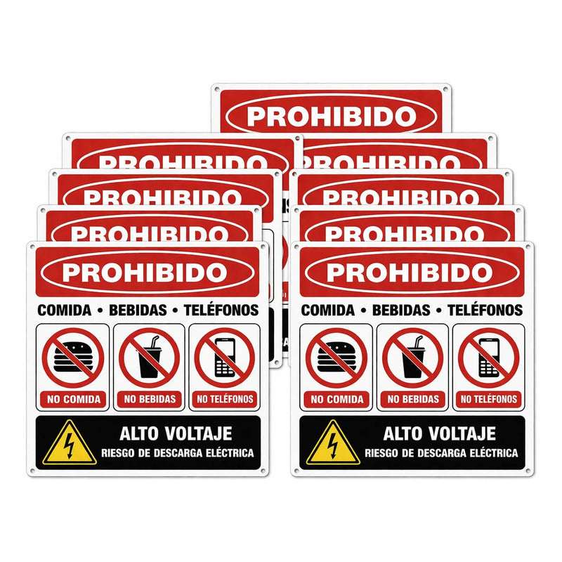 Pack 10 Señalética Adhesiva Prohibido Comidabebidastel 30x20 Blanco
