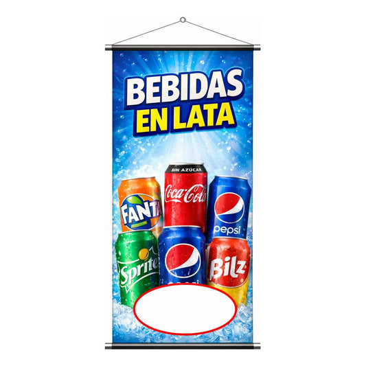 Pendón Publicitario Colgante Bebidas En Lata 70x35cm Azul