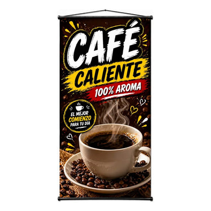 Pendón Colgante Café Caliente 100% Aroma 50x100cm Negro