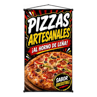 Pendón Colgante Pizzas Artesanales ¡al Horno De Leña! 50x100 Negro