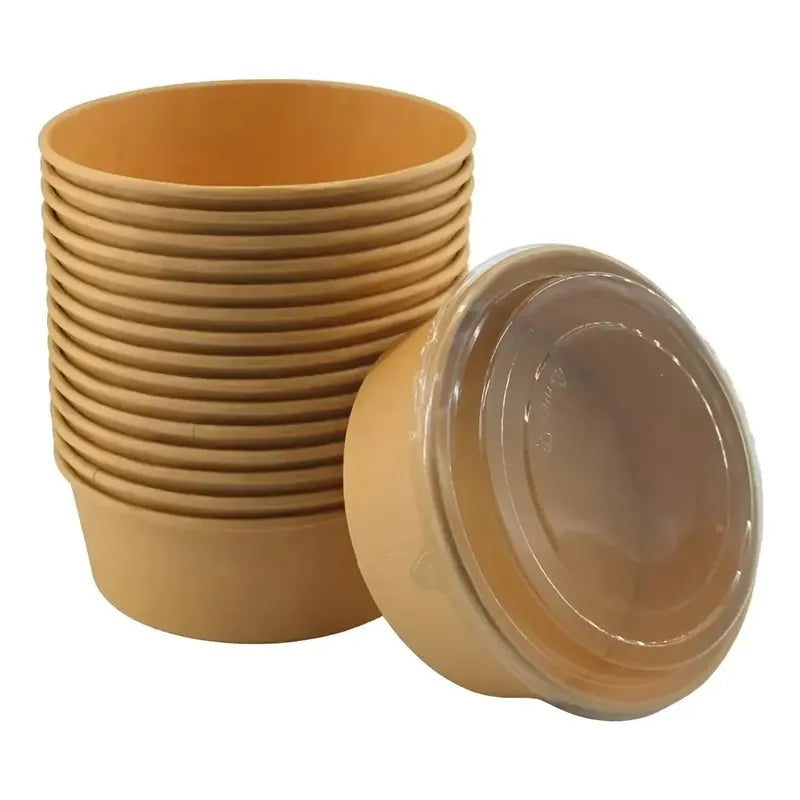 20 Bowls Kraft Con Tapa Plástica Envases 1000cc Color Beige Beige