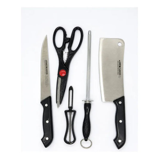 Set De 2 Cuchillos De Cocina + Tijeras + Afilador Y Pelador Negro