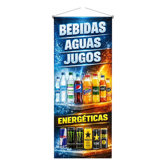 Pendón Colgante Bebidas, Agua, Jugos Y Energéticas Blanco