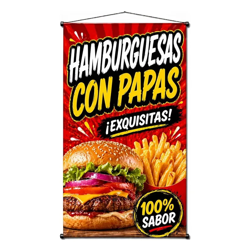 Pendón Colgante Hamburguesas Con Papas ¡exquisitas! 50x100cm Rojo