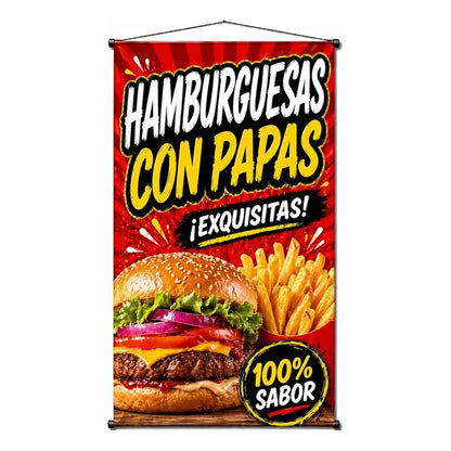 Pendón Colgante Hamburguesas Con Papas ¡exquisitas! 50x100cm Rojo
