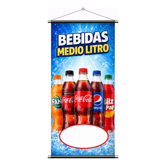 Pendón Publicitario Colgante Bebidas Medio Litro 70x35cm Azul