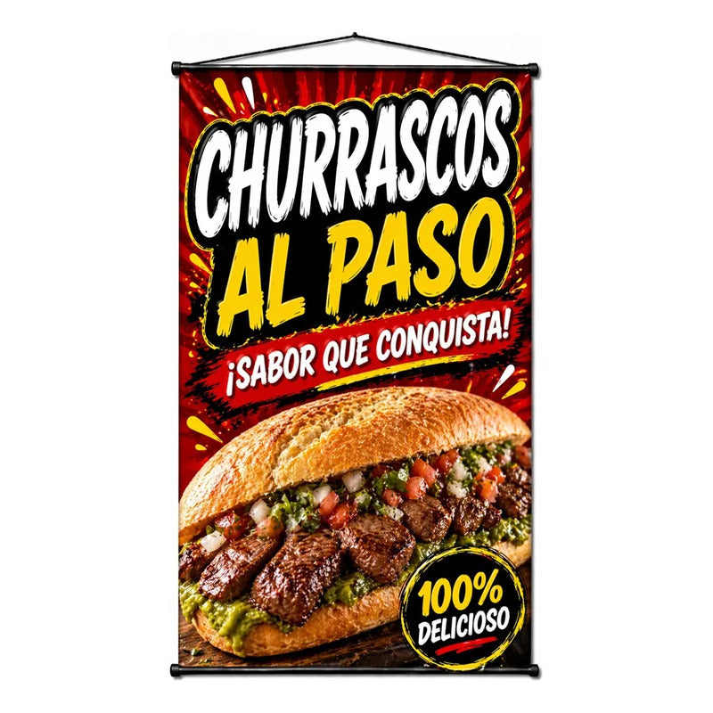 Pendón Colgante Churrascos Al Paso ¡sabor Que Conquista! Negro