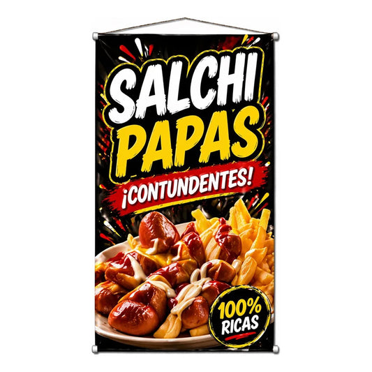 Pendón Colgante Salchipapas ¡contundentes! 50x100cm Negro