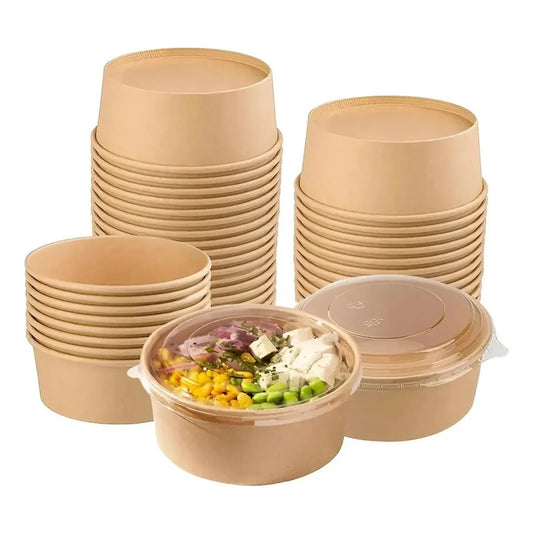 20 Bowls Kraft Con Tapa Plástica Envases 1300cc Color Beige Beige